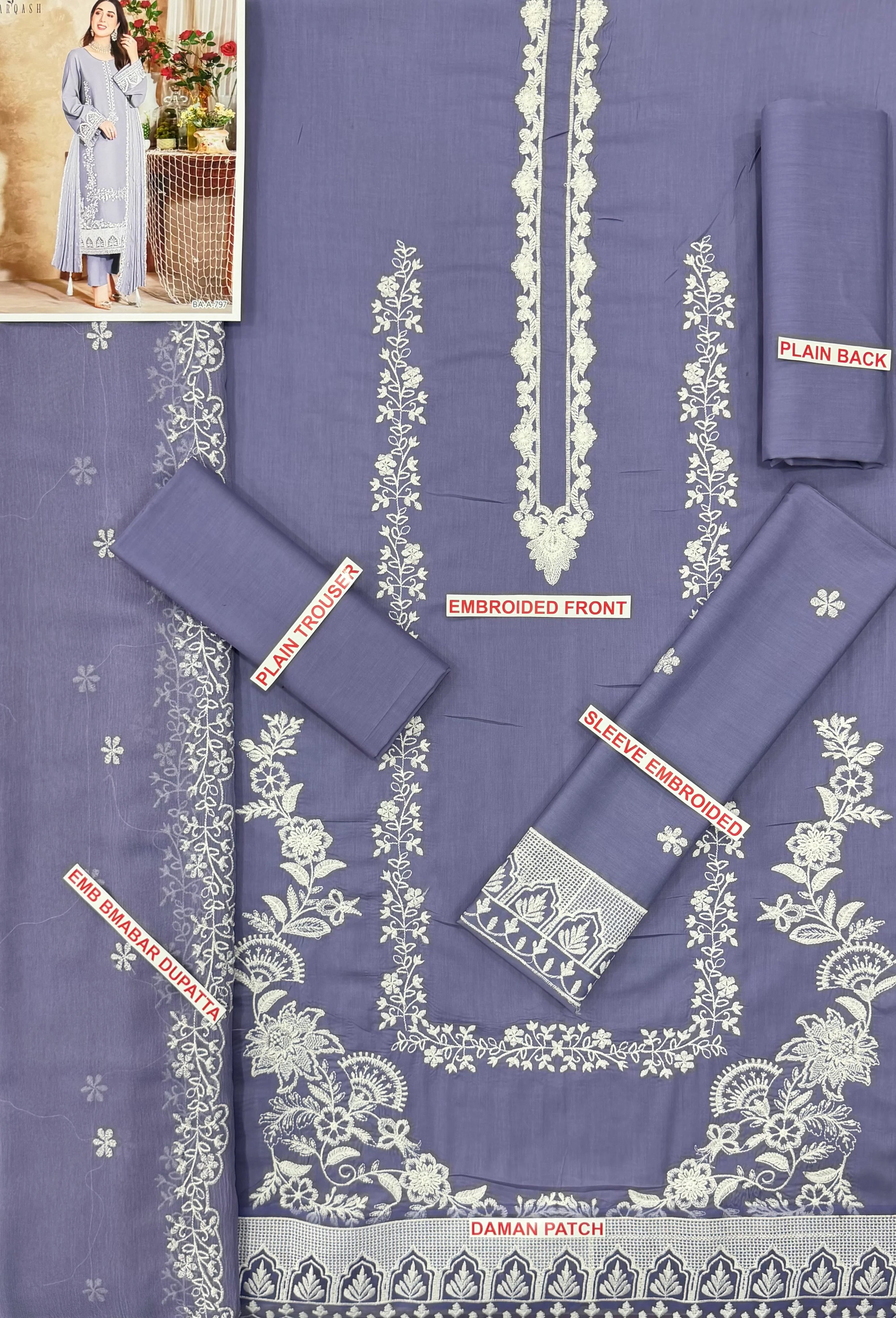 Zarqash 3PC Embroidered Lawn suit with Embroidered Chiffon dupatta-6014
