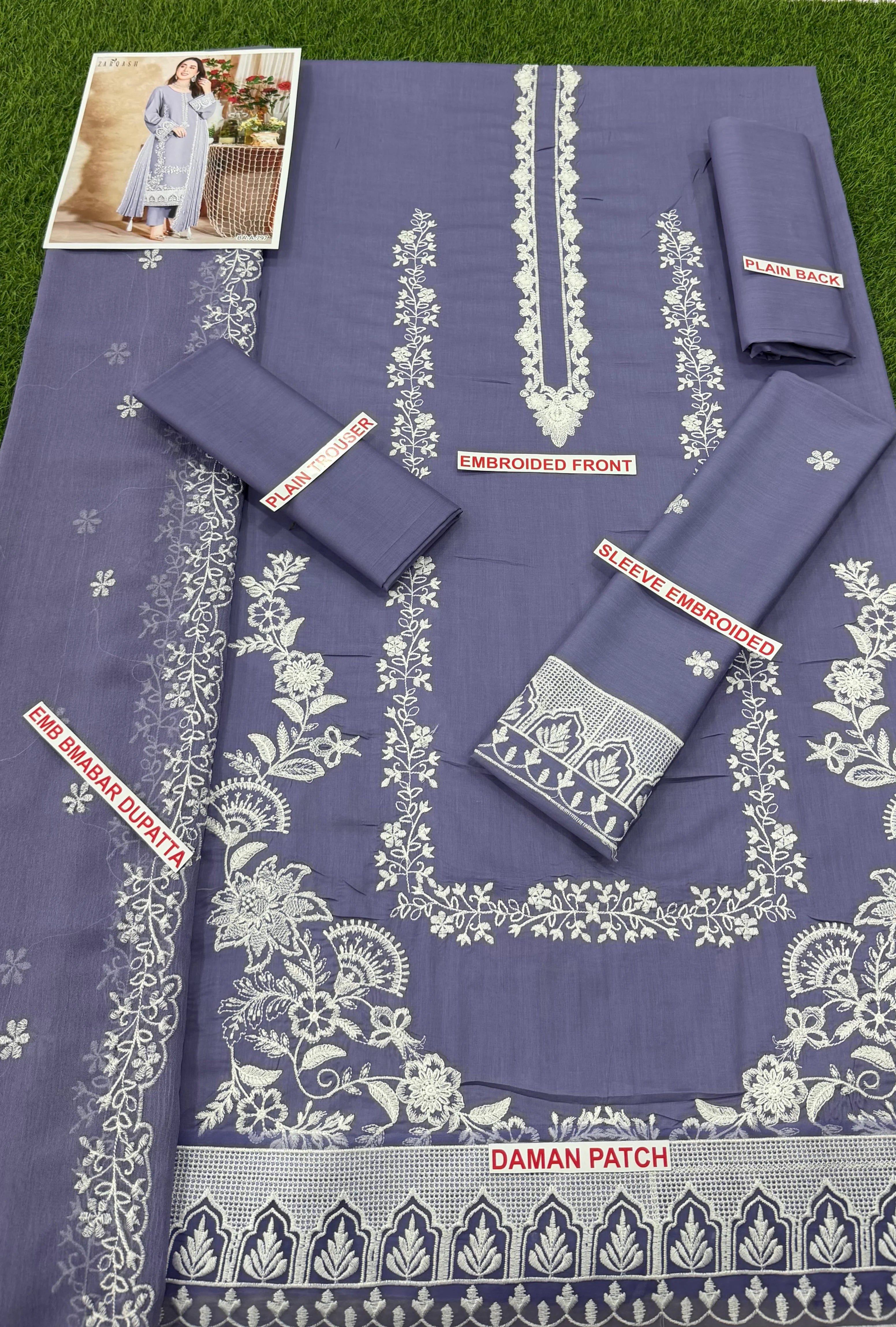 Zarqash 3PC Embroidered Lawn suit with Embroidered Chiffon dupatta-6014