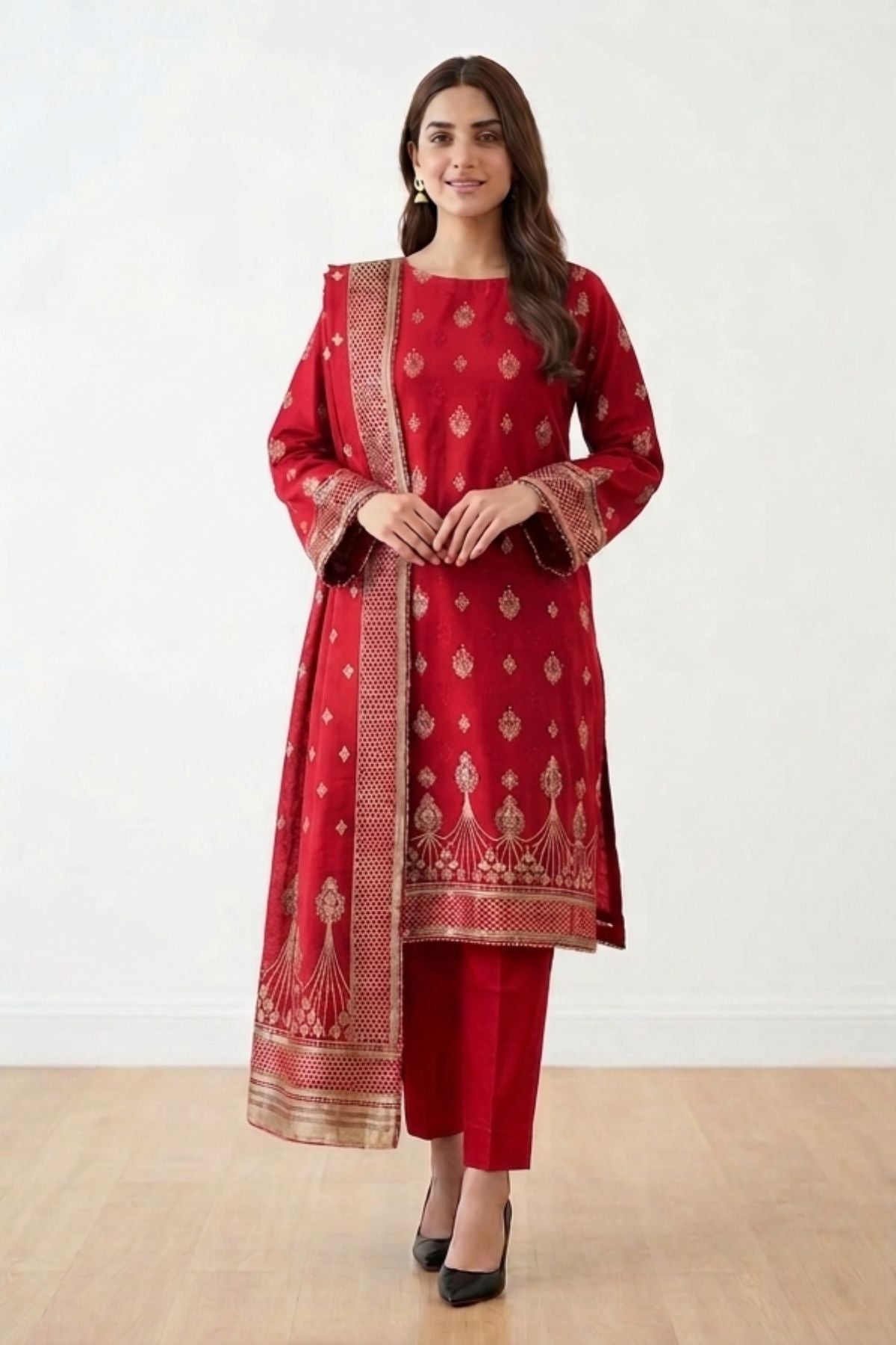 Red-Jacquard-3 Piece