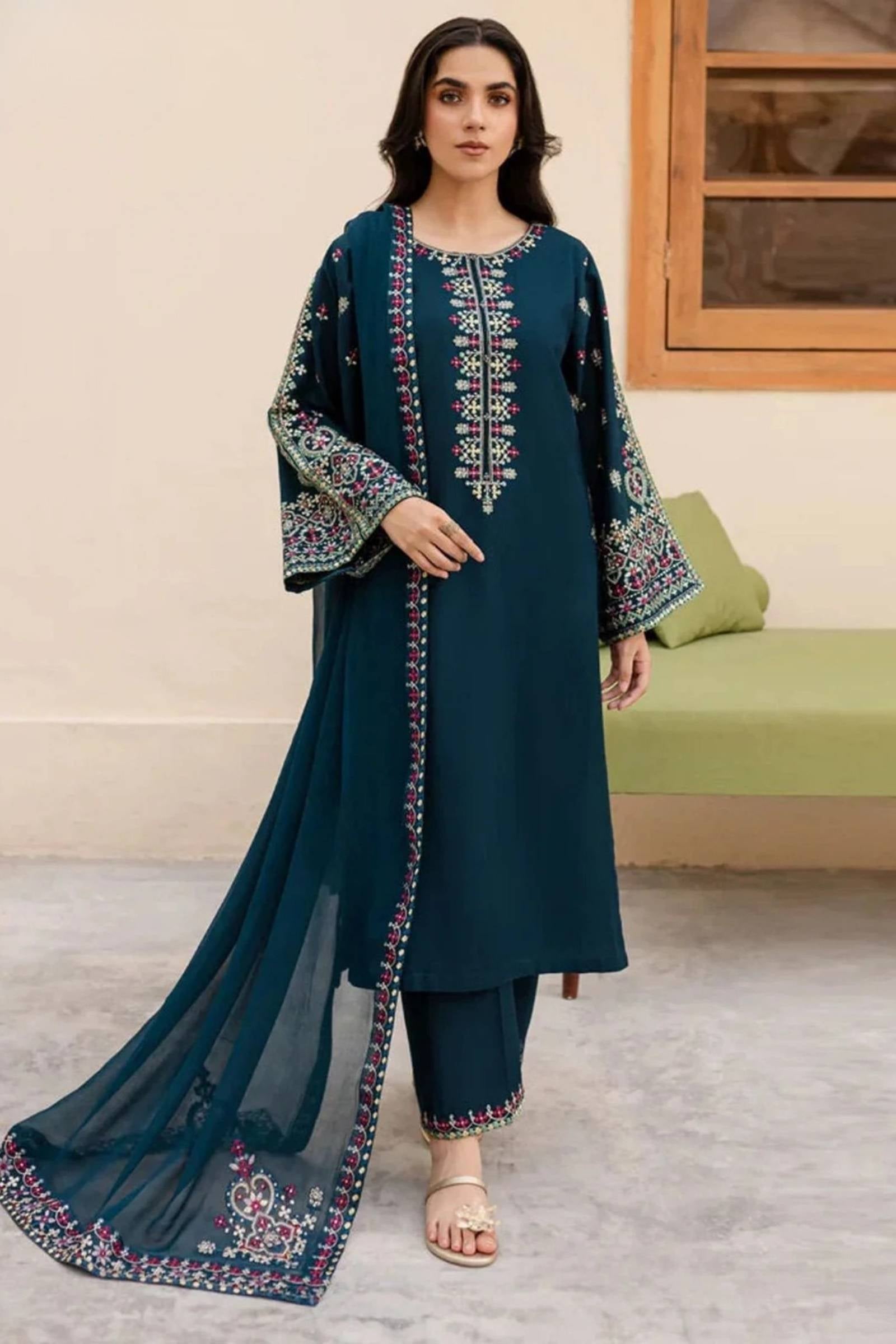 AZURE 3PC Lawn Embroidered with Ready Chiffon Dupatta-6020