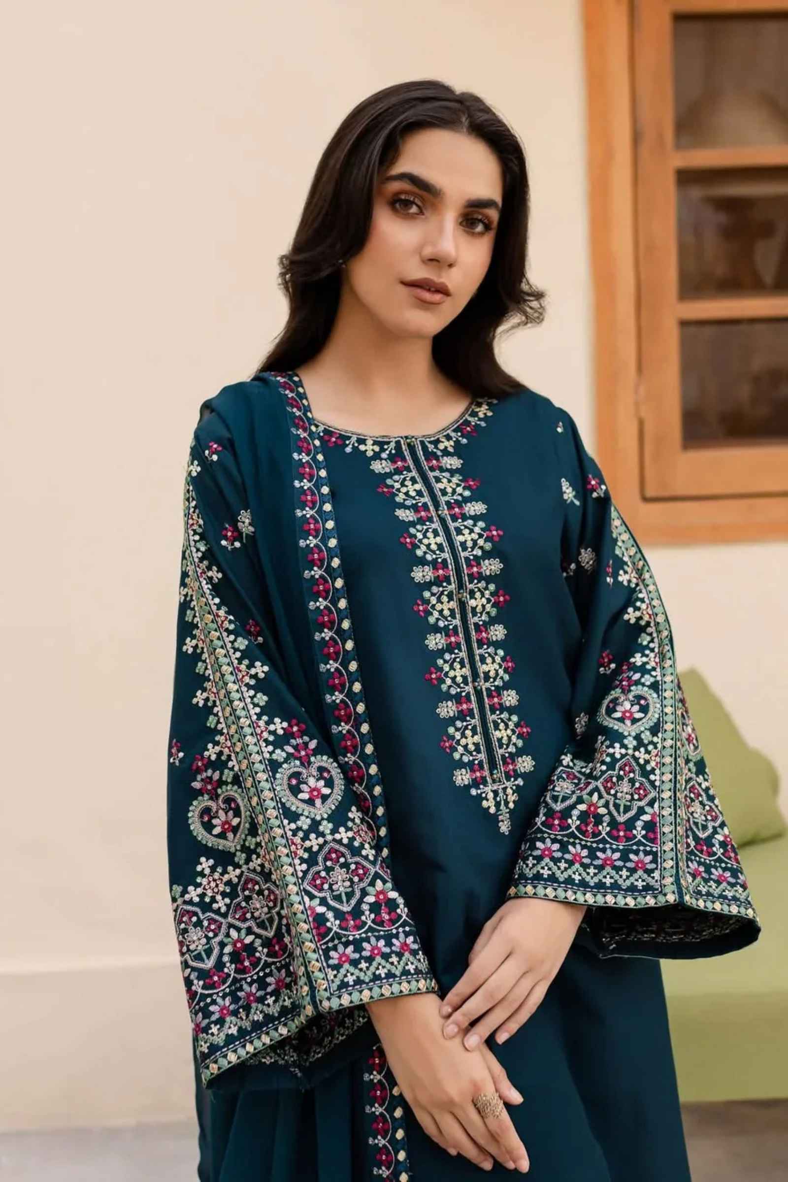 AZURE 3PC Lawn Embroidered with Ready Chiffon Dupatta-6020