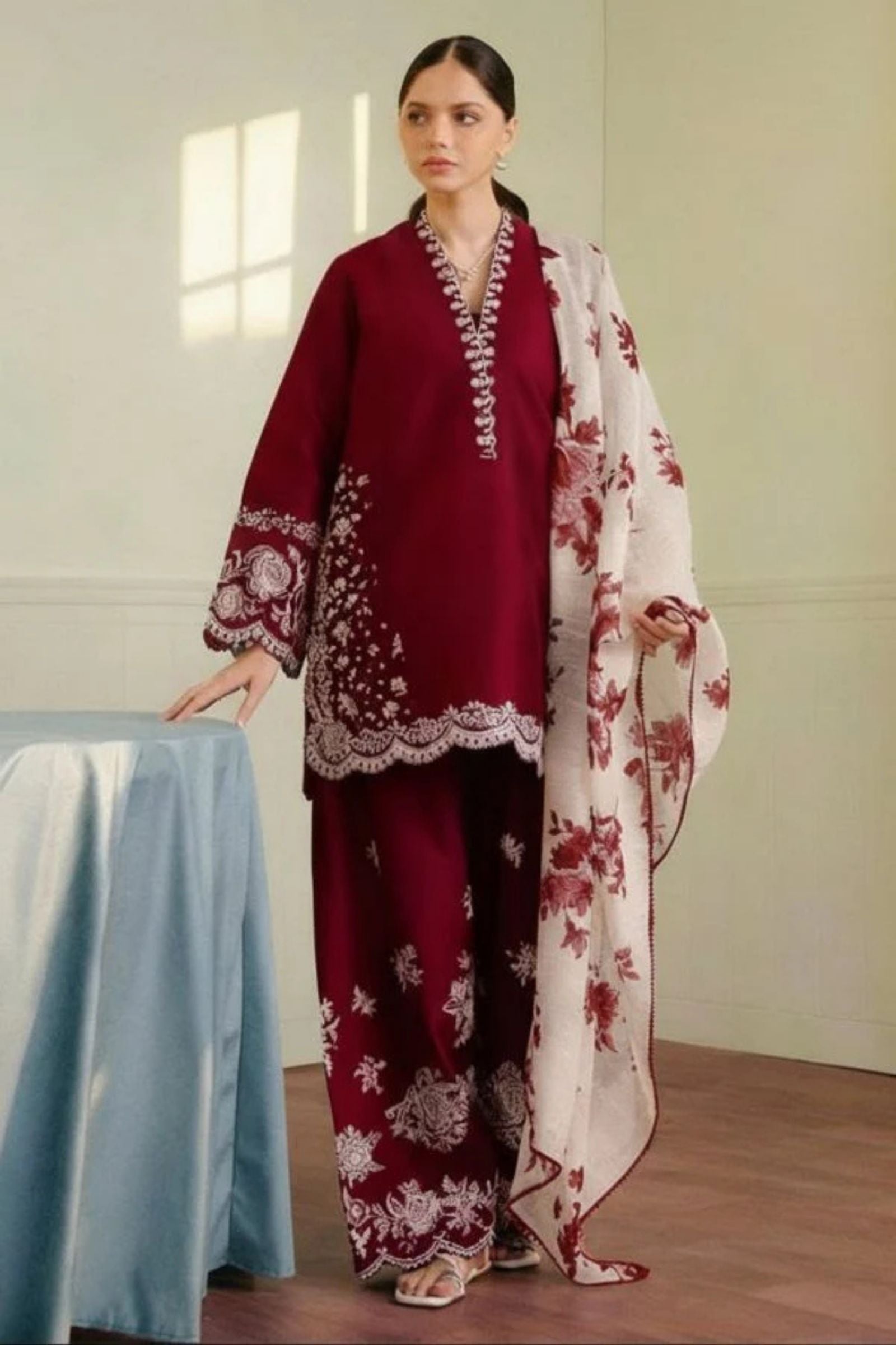 ZARA SHAHJAHAN 3PC lawn Embroidered suit with Lawn dupatta-6023