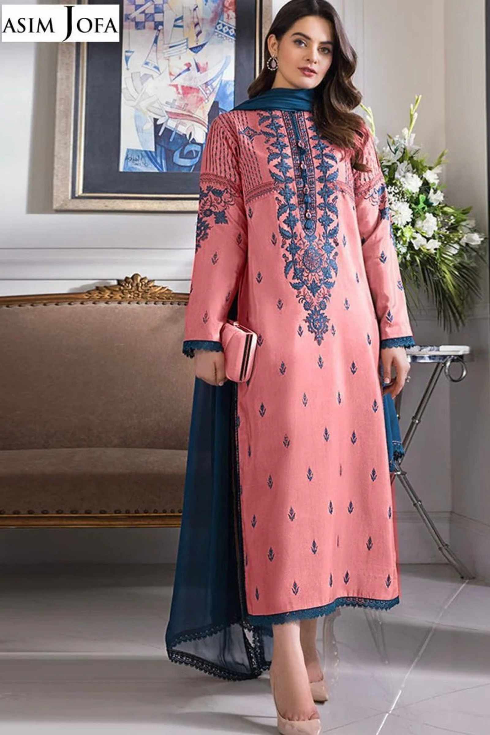 Asim Jofa 3PC Embroidered lawn with Bamber EMB Dupatta-6028