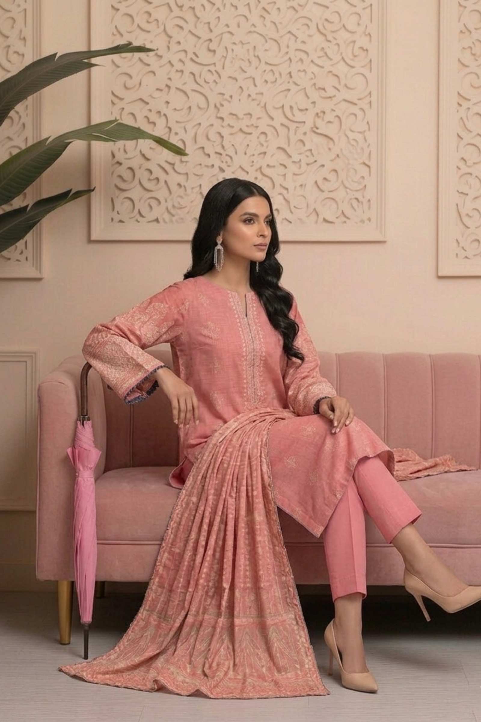 Pastel Pink-Jacquard 3-Piece