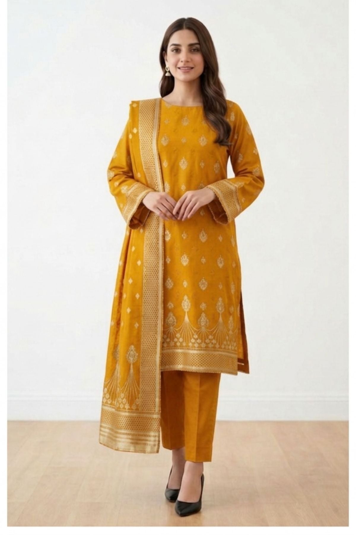Yellow-Jacquard-3 Piece